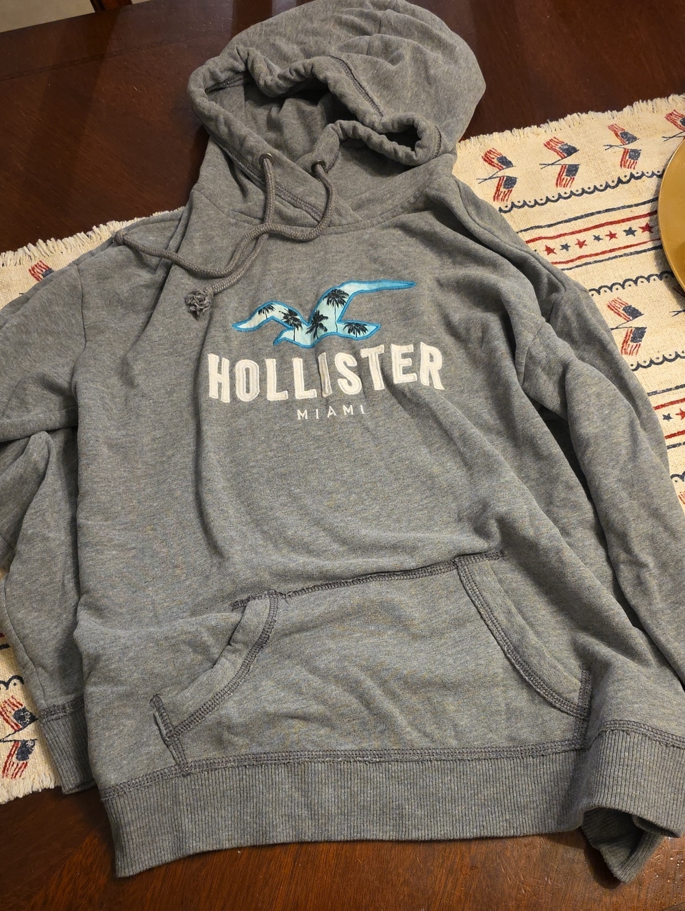 Hollister Gray Graphic Pullover Hoodie with Blue Logo